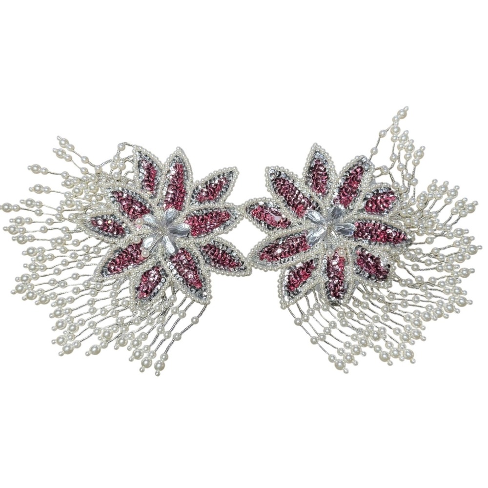 2X Vintage Floral Applique Embellishment Rhinestone‎ Pearl Flower Sew On Patch
